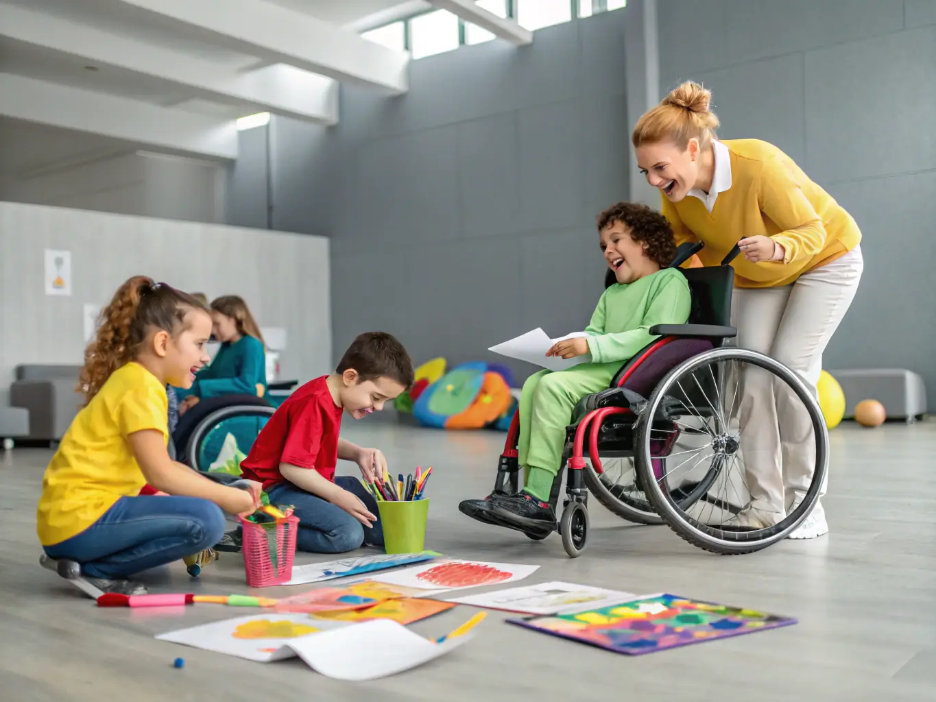 A photograph of children with intellectual disabilities engaged in an art therapy session, expressing themselves creatively with paint and other materials. The setting is a colorful and supportive art studio.