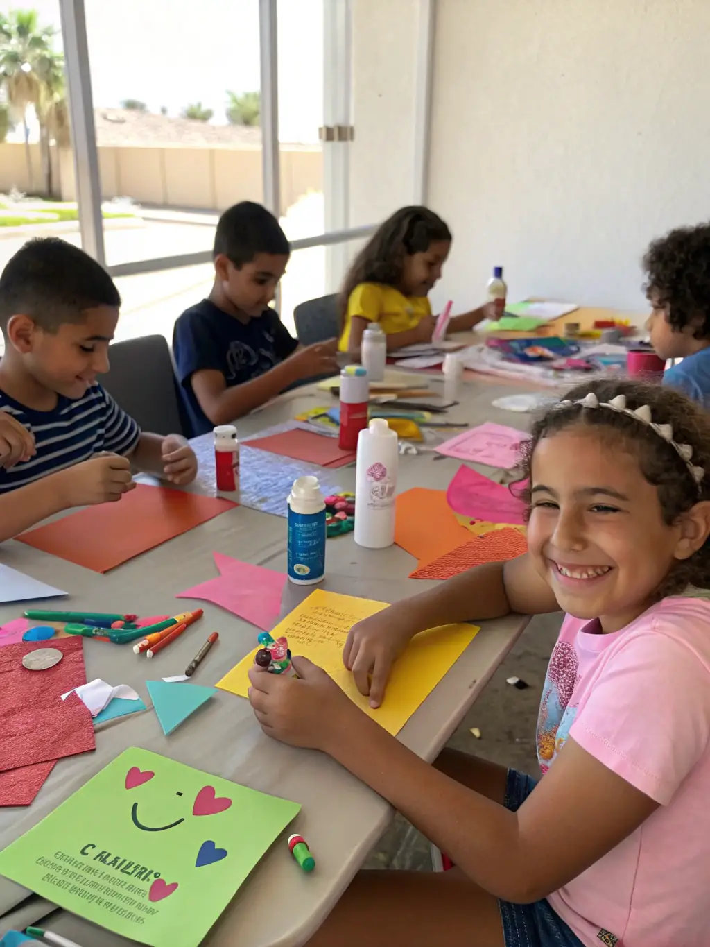 A group of children with intellectual disabilities participating in an art therapy session, smiling and engaged with their artwork, showcasing UNAPEI 92's commitment to creative expression and therapy.