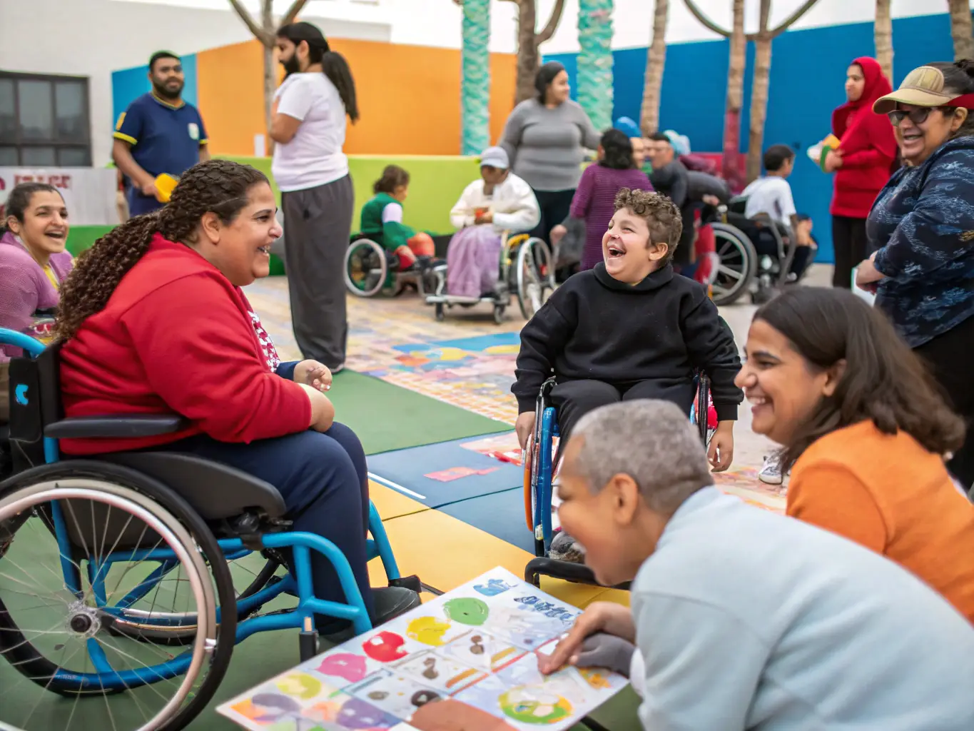 A group of young adults with intellectual disabilities participating in a community outing, such as a visit to a local park or museum, accompanied by supportive staff. The image captures the joy of social interaction and community engagement.