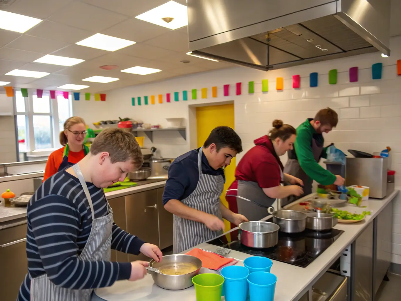 A group of adults with intellectual disabilities participating in a cooking class, smiling and engaged, in a bright and accessible kitchen setting. The scene emphasizes inclusivity and skill-building.