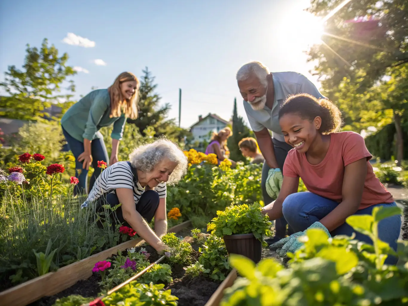 A diverse group of individuals participating in a community gardening project, planting vegetables and flowers, symbolizing community engagement and skill-building.