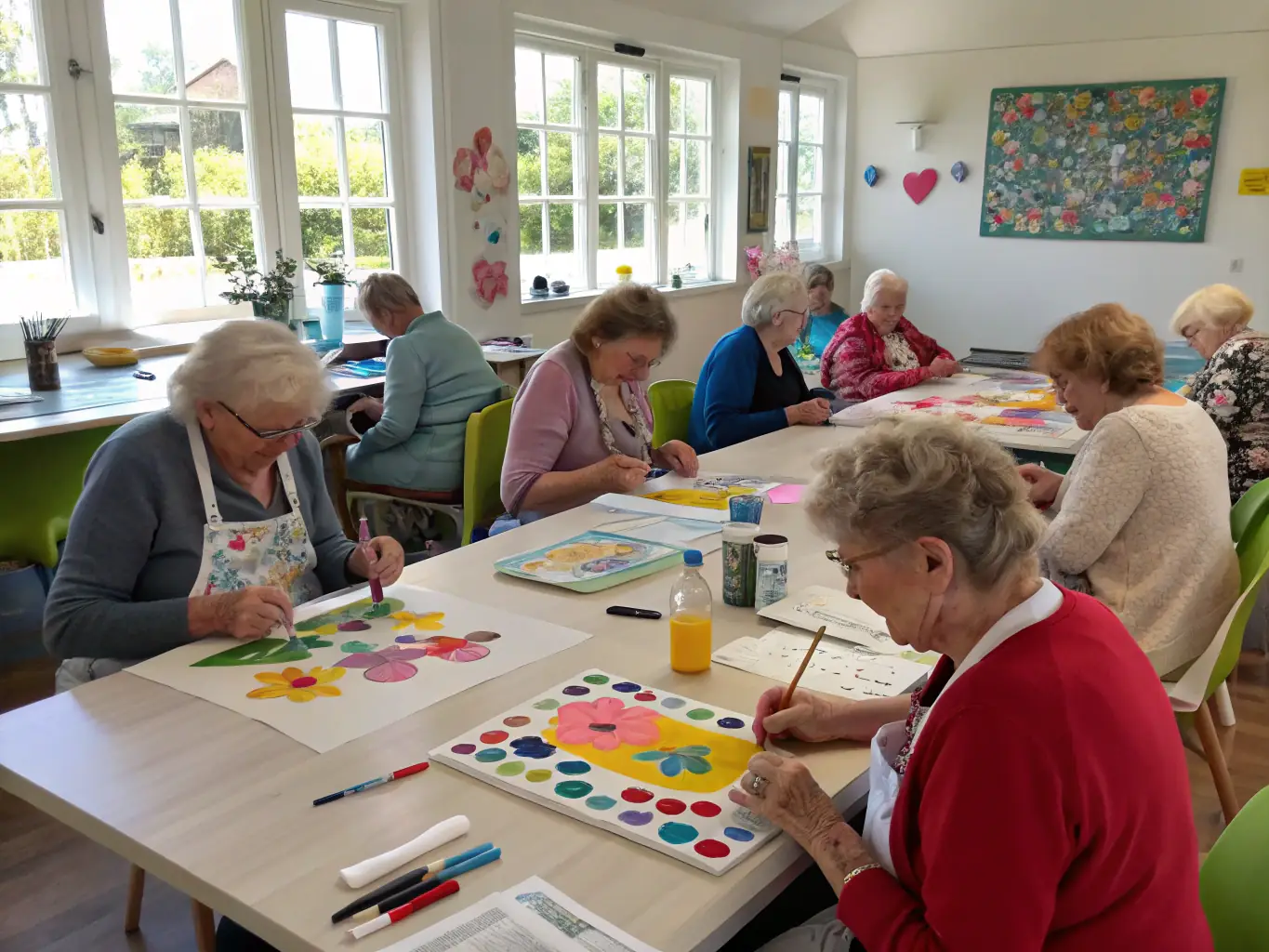 A group of adults with intellectual disabilities participating in an art therapy session, smiling and engaged in their creative projects, showcasing the therapeutic benefits of creative expression.