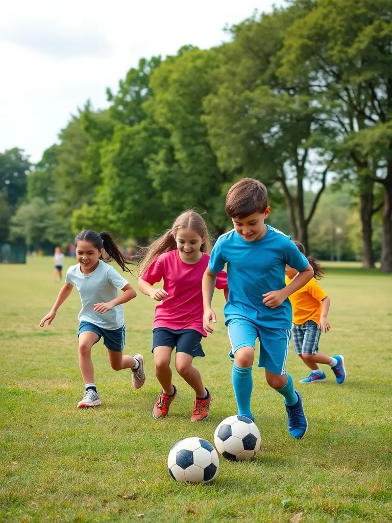 Participants in a sports development program, learning new skills and teamwork on a sports field.