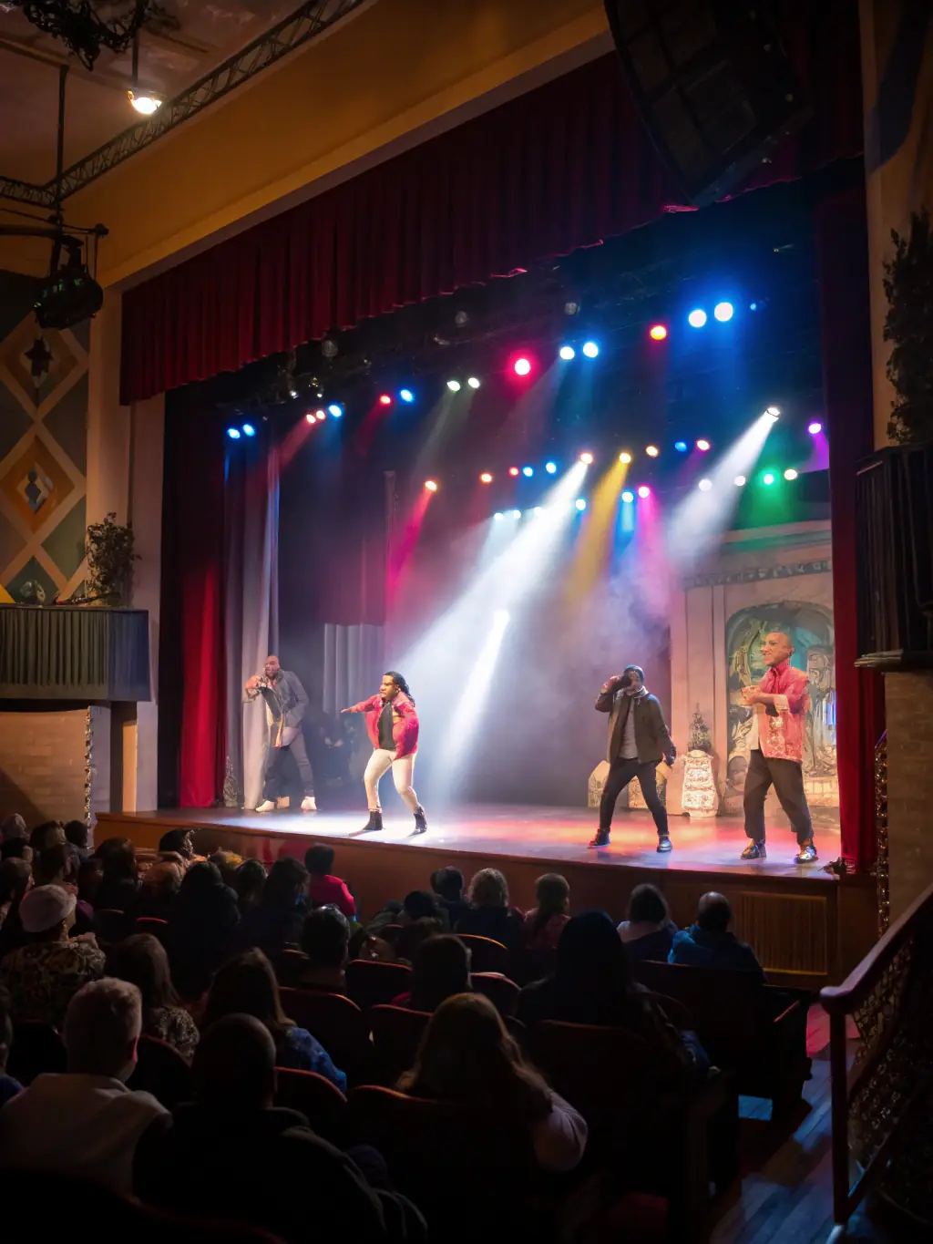 A vibrant scene from a community theater performance, capturing the energy and talent of local artists supported by APB's theater program.