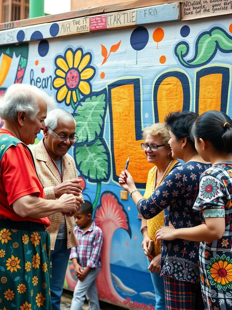 A group of diverse individuals participating in a collaborative mural painting project, showcasing community engagement and artistic expression.