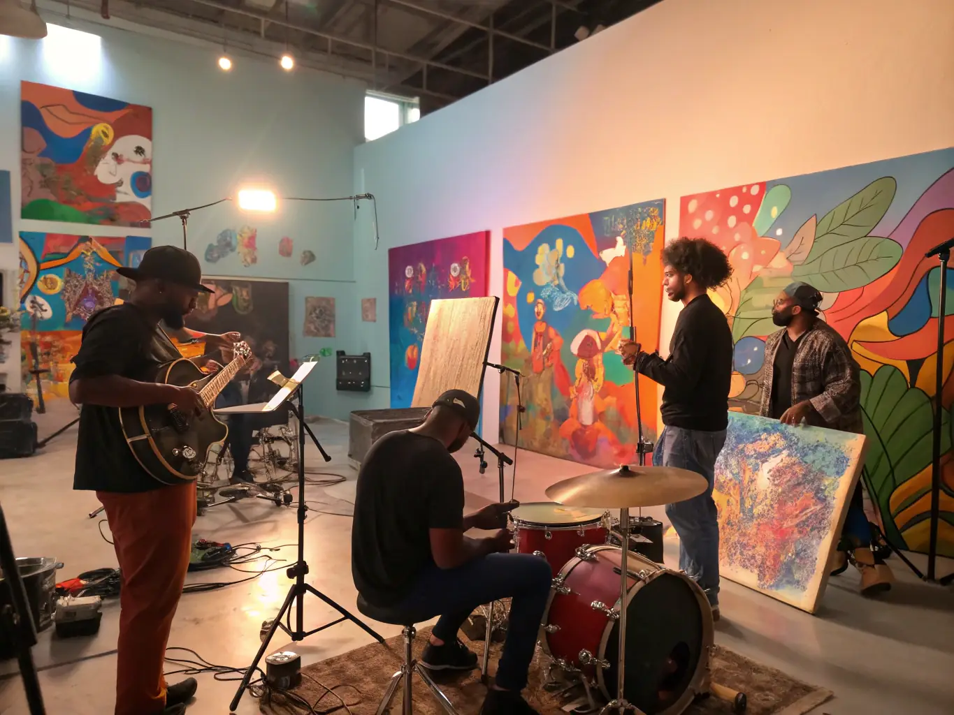 An image of artists participating in a workshop, engaging in creative activities in a vibrant studio space, showcasing the collaborative and hands-on nature of ARTISTE POINT BARRE's programs.