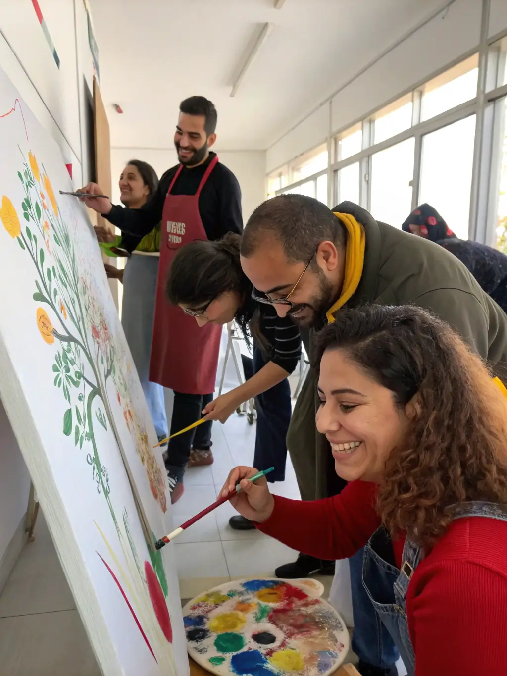 A diverse group of participants engaged in a collaborative painting workshop, showcasing the inclusive nature of APB's artistic programs.