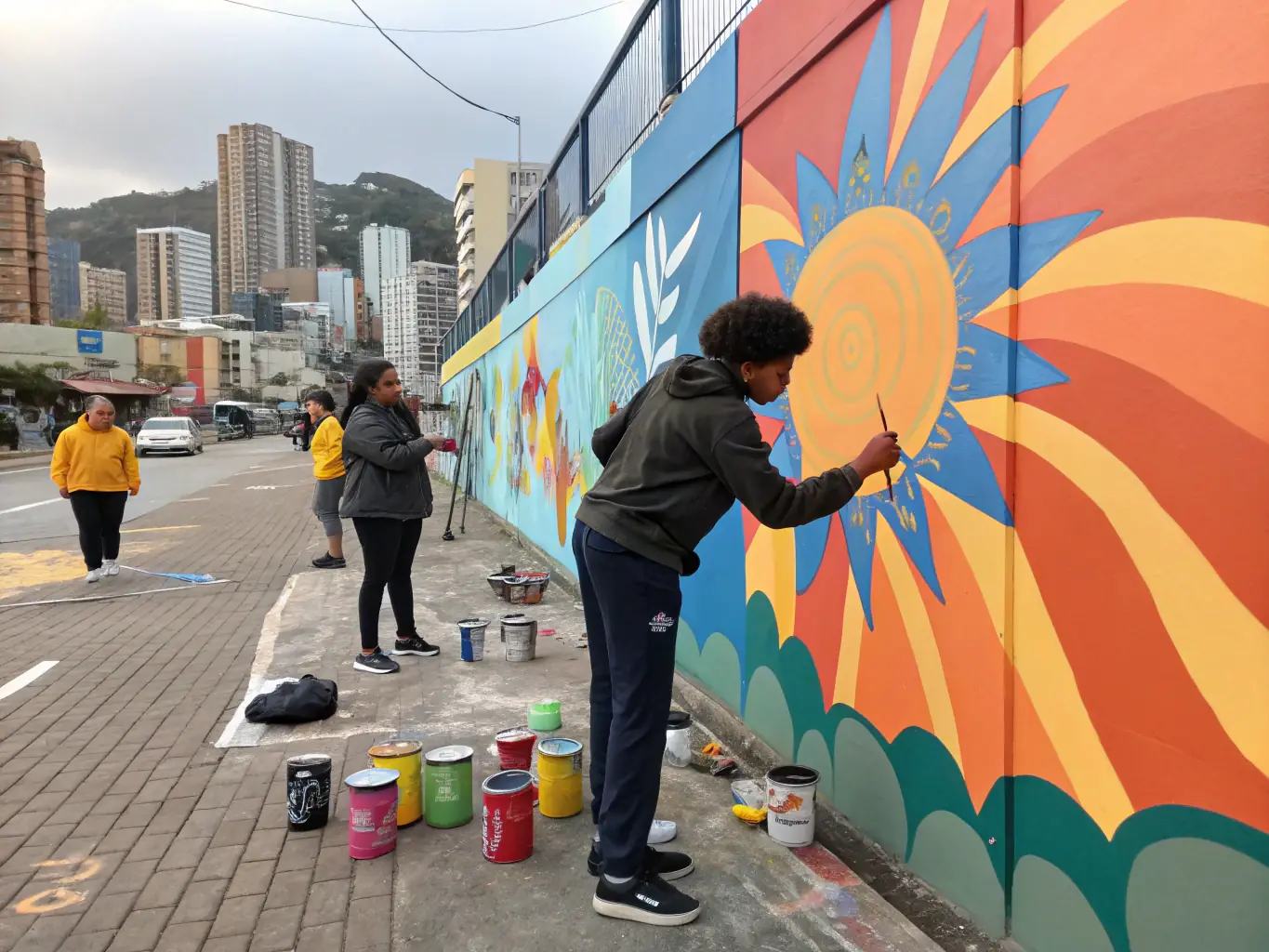 A vibrant image showcasing participants engaged in a collaborative mural painting project, reflecting community involvement and artistic expression.