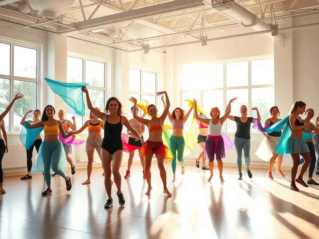A dynamic image of a dance workshop in progress, with participants of all ages learning new moves and expressing themselves through dance.