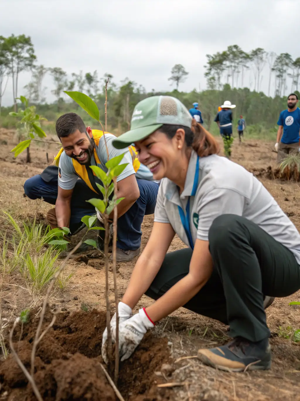 A photograph showcasing a team of CSNB volunteers planting native trees in a deforested area of Burgundy, emphasizing reforestation efforts.