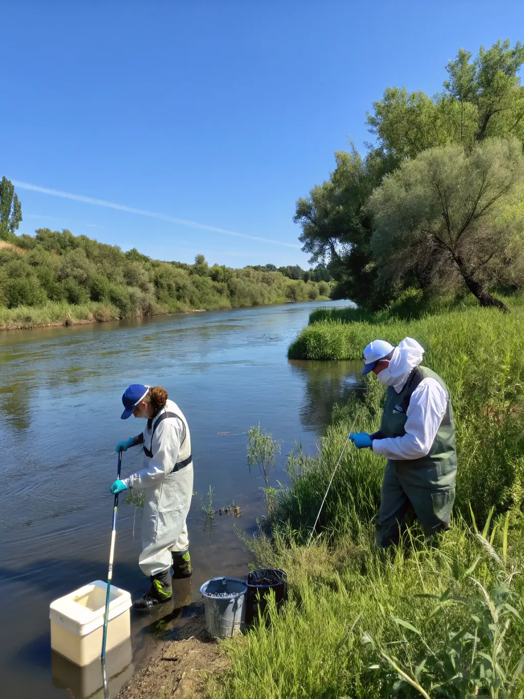 An image of CSNB scientists monitoring water quality in a local river, highlighting the importance of aquatic ecosystem conservation.