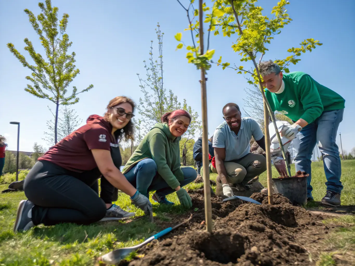 A lush Burgundy forest with volunteers planting native trees, symbolizing active conservation efforts.